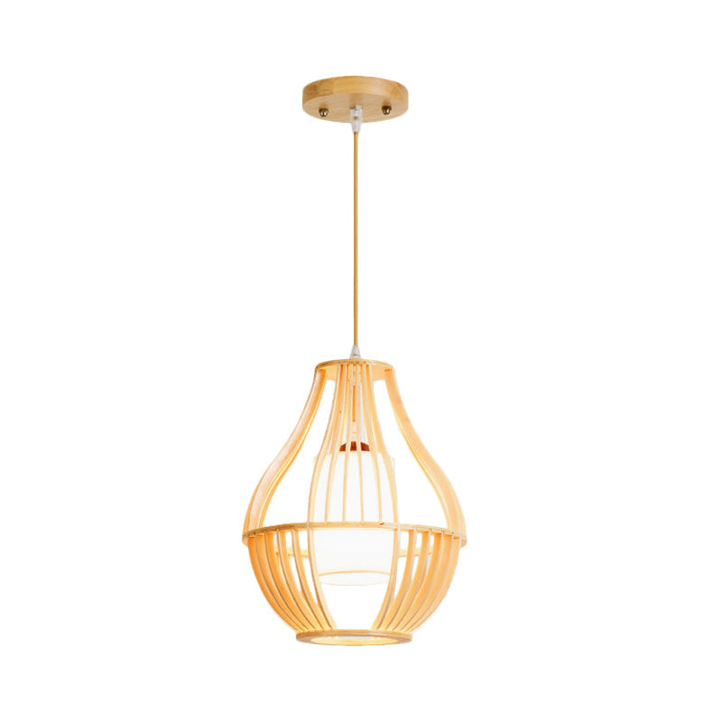 Wood Basket Suspension Pendant Light Farmhouse 1 Bulb Beige Ceiling Fixture with Fabric Lamp Shade Clearhalo 'Ceiling Lights' 'Pendant Lights' 'Pendants' Lighting' 1458575