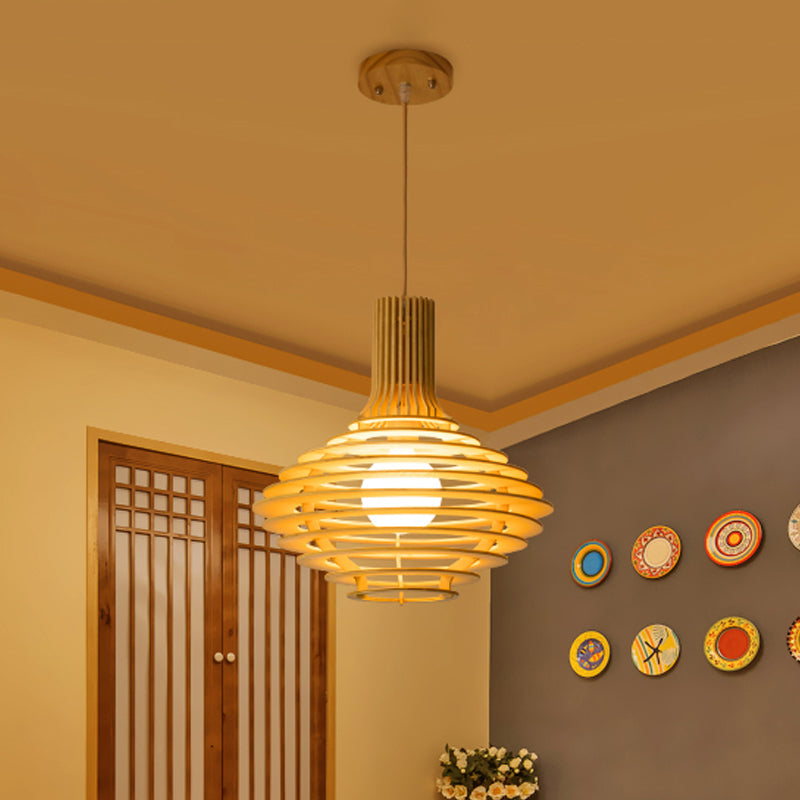 Asia Single Bulb Pendulum Light Black/Beige Wine Jar Shaped Hanging Lamp Kit with Wood Cage Clearhalo 'Ceiling Lights' 'Pendant Lights' 'Pendants' Lighting' 1458582