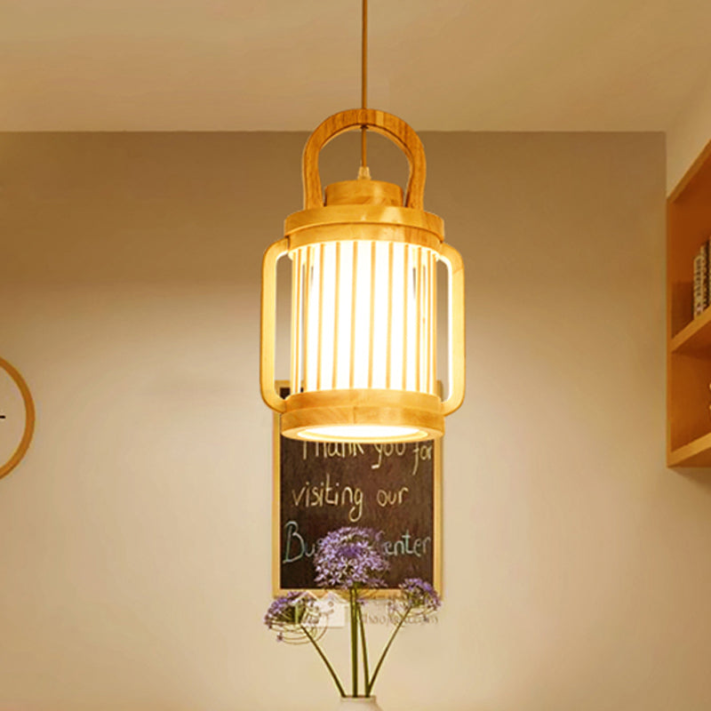 Water Jar Cage Bistro Pendant Lamp Wood Single Bulb Japanese Style Hanging Light Kit with Fabric Shade Inside Clearhalo 'Ceiling Lights' 'Pendant Lights' 'Pendants' Lighting' 1458586