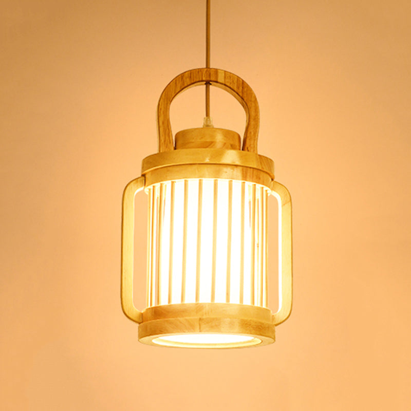Water Jar Cage Bistro Pendant Lamp Wood Single Bulb Japanese Style Hanging Light Kit with Fabric Shade Inside Clearhalo 'Ceiling Lights' 'Pendant Lights' 'Pendants' Lighting' 1458589