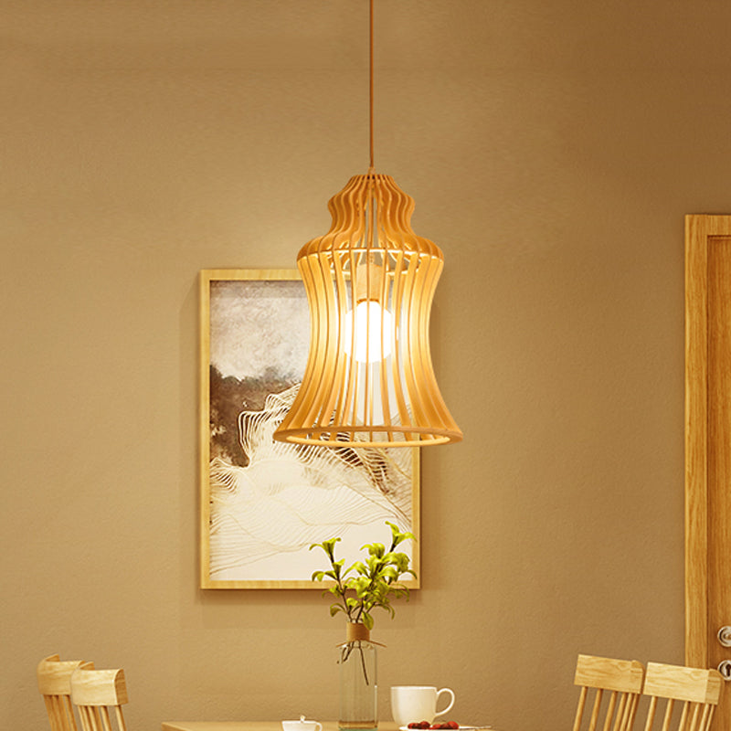 Curvaceous Cage Restaurant Hanging Light Wooden 1 Light Japanese Suspension Pendant with Inner Fabric Shade Clearhalo 'Ceiling Lights' 'Pendant Lights' 'Pendants' Lighting' 1458597