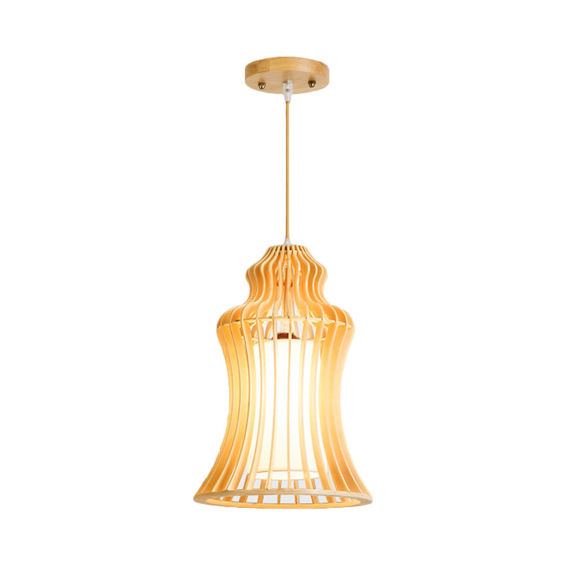 Curvaceous Cage Restaurant Hanging Light Wooden 1 Light Japanese Suspension Pendant with Inner Fabric Shade Clearhalo 'Ceiling Lights' 'Pendant Lights' 'Pendants' Lighting' 1458599