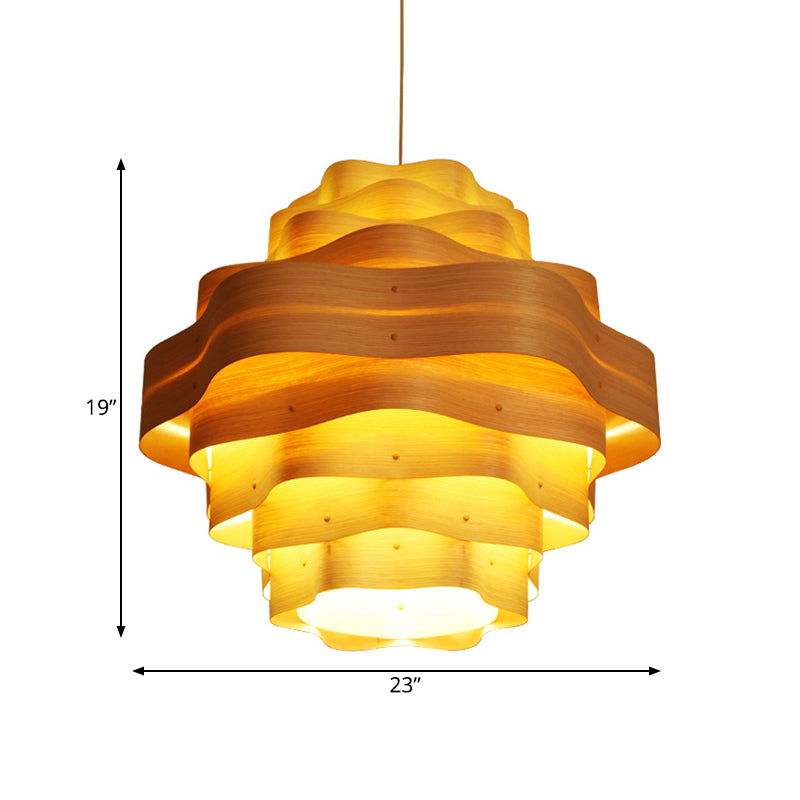 Wavy Layered Wood Pendant Lighting Asia Novelty 1 Bulb Beige Suspended Lighting Fixture Clearhalo 'Ceiling Lights' 'Pendant Lights' 'Pendants' Lighting' 1458615