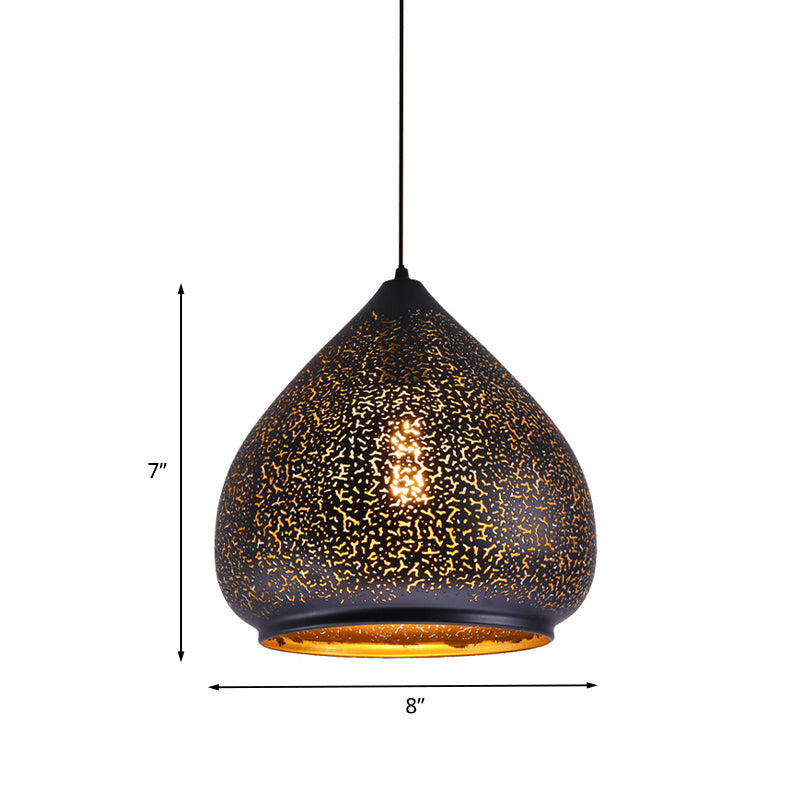 Teardrop Hollowed Out Iron Hanging Lamp Retro 1 Bulb Dining Table Pendant Light Fixture in Black, 8