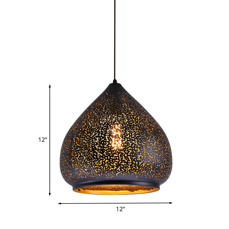 Teardrop Hollowed Out Iron Hanging Lamp Retro 1 Bulb Dining Table Pendant Light Fixture in Black, 8