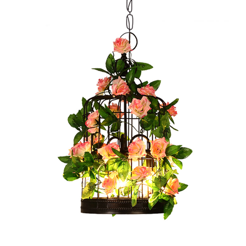 3-Head Birdcage Ceiling Chandelier Loft Black Iron Suspension Pendant Light with Rose and Leaf Clearhalo 'Cast Iron' 'Ceiling Lights' 'Chandeliers' 'Industrial Chandeliers' 'Industrial' 'Metal' 'Middle Century Chandeliers' 'Rustic Chandeliers' 'Tiffany' Lighting' 1459036