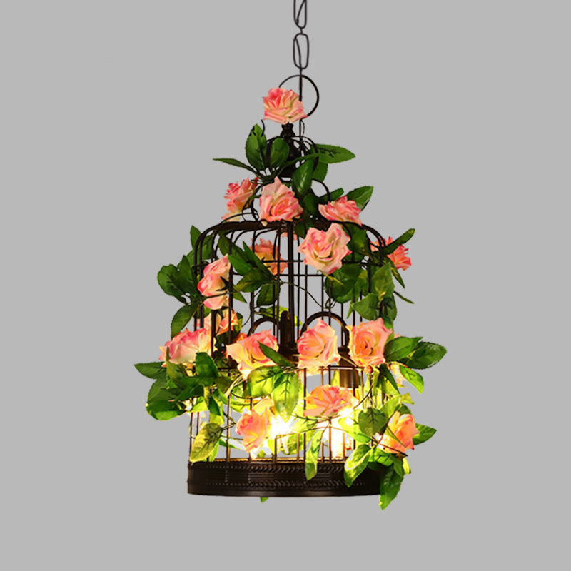 3-Head Birdcage Ceiling Chandelier Loft Black Iron Suspension Pendant Light with Rose and Leaf Clearhalo 'Cast Iron' 'Ceiling Lights' 'Chandeliers' 'Industrial Chandeliers' 'Industrial' 'Metal' 'Middle Century Chandeliers' 'Rustic Chandeliers' 'Tiffany' Lighting' 1459037