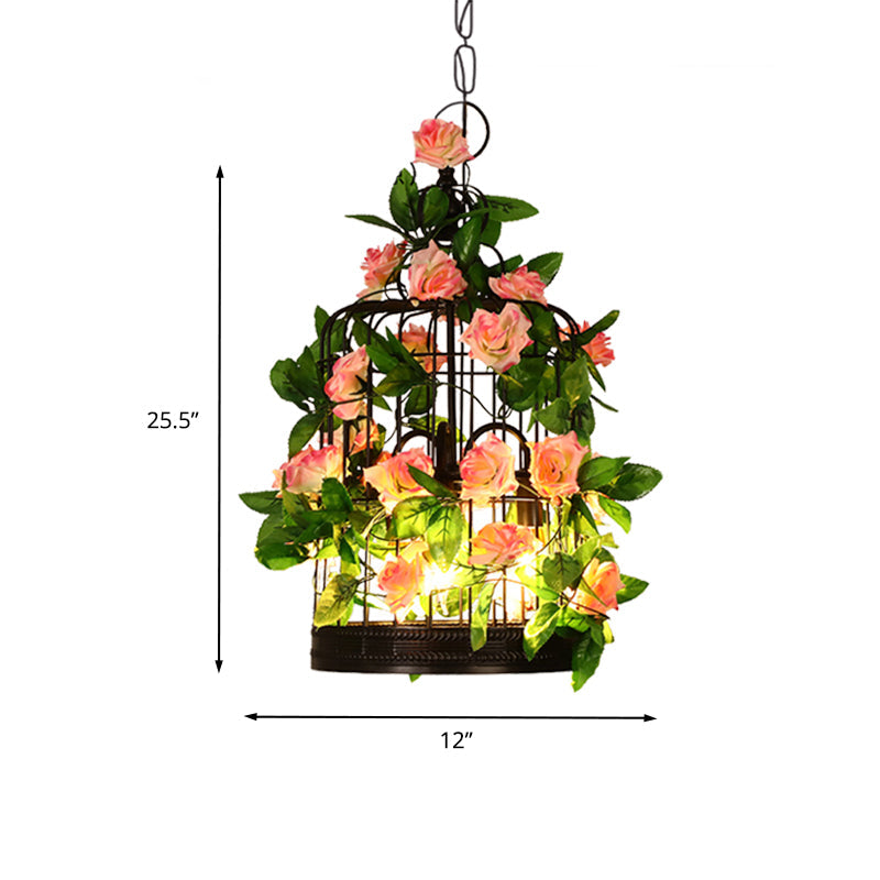 3-Head Birdcage Ceiling Chandelier Loft Black Iron Suspension Pendant Light with Rose and Leaf Clearhalo 'Cast Iron' 'Ceiling Lights' 'Chandeliers' 'Industrial Chandeliers' 'Industrial' 'Metal' 'Middle Century Chandeliers' 'Rustic Chandeliers' 'Tiffany' Lighting' 1459038