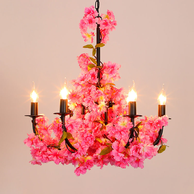 Farm Candelabra Chandelier Pendant Light 6 Heads Iron Hanging Lamp in Black with Flower Decor Clearhalo 'Cast Iron' 'Ceiling Lights' 'Chandeliers' 'Industrial Chandeliers' 'Industrial' 'Metal' 'Middle Century Chandeliers' 'Rustic Chandeliers' 'Tiffany' Lighting' 1459042