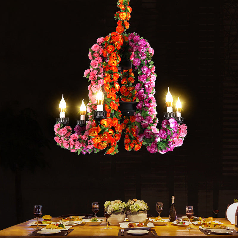 Warehouse Candle Chandelier Light 6 Heads Iron Suspended Lighting Fixture in Black with Floral Decor Black Clearhalo 'Cast Iron' 'Ceiling Lights' 'Chandeliers' 'Industrial Chandeliers' 'Industrial' 'Metal' 'Middle Century Chandeliers' 'Rustic Chandeliers' 'Tiffany' Lighting' 1459044