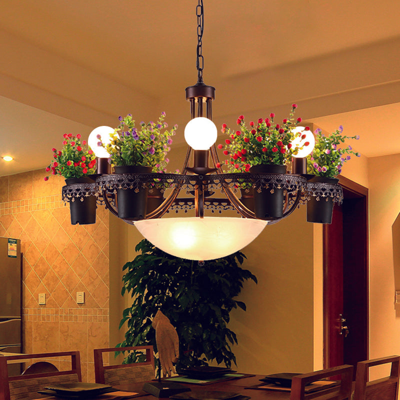 Bowl Restaurant Chandelier Pendant Light Opal Glass 9-Bulb Black Ceiling Lamp with Potted Plant Black Clearhalo 'Cast Iron' 'Ceiling Lights' 'Chandeliers' 'Industrial Chandeliers' 'Industrial' 'Metal' 'Middle Century Chandeliers' 'Rustic Chandeliers' 'Tiffany' Lighting' 1459075