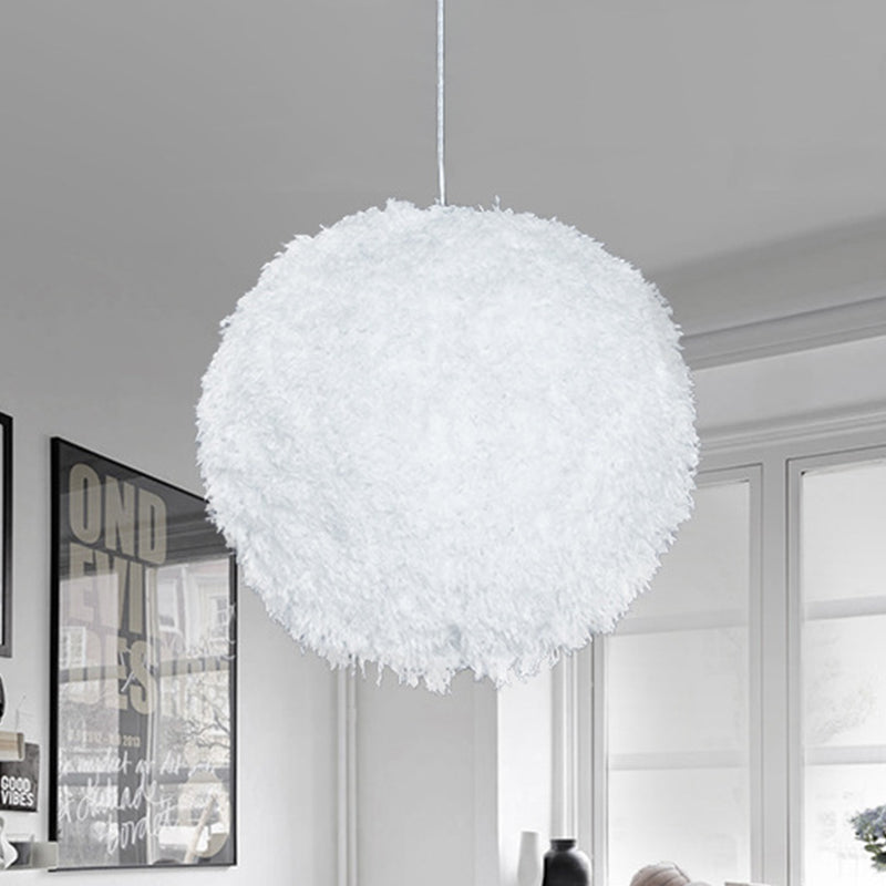 White Plush Globe Hanging Lamp Modern Vogue 1 Head Fabric Suspension Lighting for Bedroom, 8