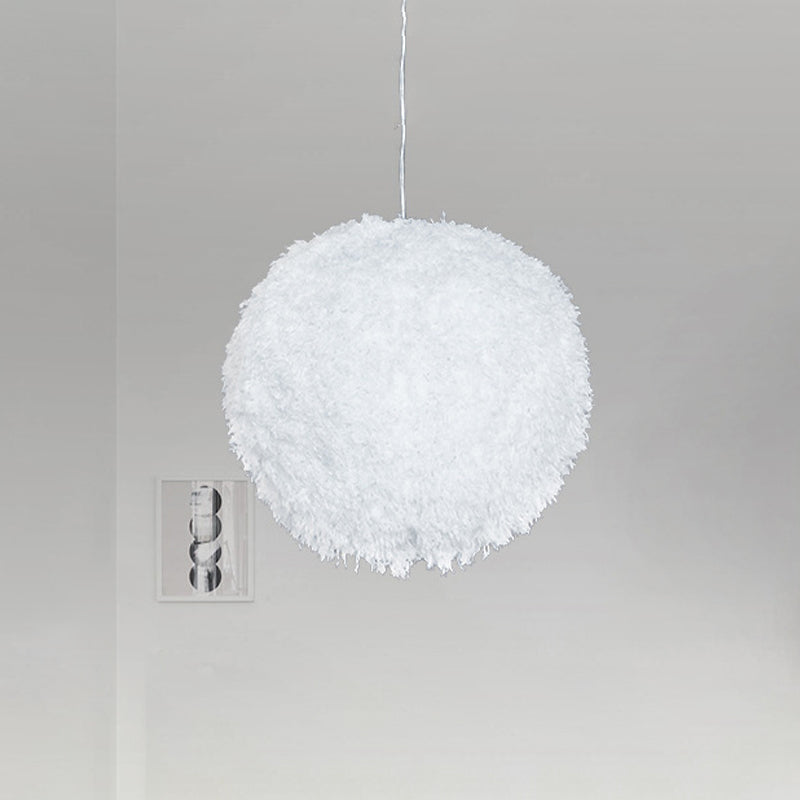 White Plush Globe Hanging Lamp Modern Vogue 1 Head Fabric Suspension Lighting for Bedroom, 8