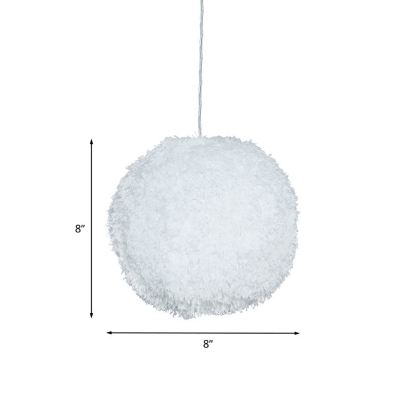 White Plush Globe Hanging Lamp Modern Vogue 1 Head Fabric Suspension Lighting for Bedroom, 8