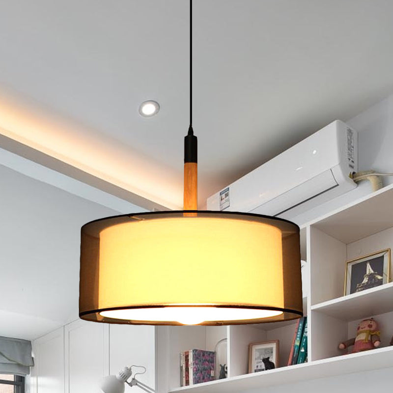 Black Dual Shade Rounded Pendant Lamp Modernism 1 Head Fabric Suspension Light with Wood Grip Clearhalo 'Ceiling Lights' 'Modern Pendants' 'Modern' 'Pendant Lights' 'Pendants' Lighting' 1459208