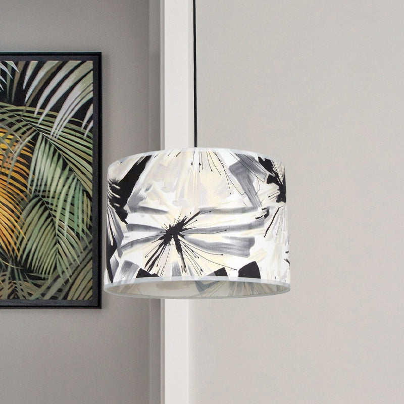 Printed Fabric Drum Shade Pendulum Light Contemporary 1 Bulb Black and White Pendant Lighting Fixture Clearhalo 'Ceiling Lights' 'Modern Pendants' 'Modern' 'Pendant Lights' 'Pendants' Lighting' 1459219