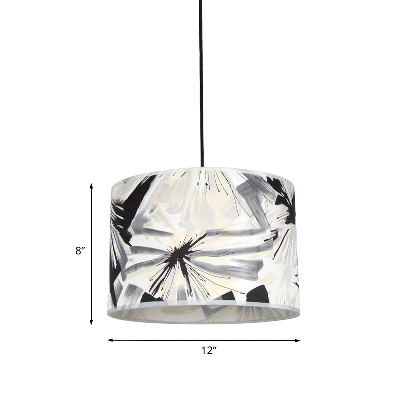 Printed Fabric Drum Shade Pendulum Light Contemporary 1 Bulb Black and White Pendant Lighting Fixture Clearhalo 'Ceiling Lights' 'Modern Pendants' 'Modern' 'Pendant Lights' 'Pendants' Lighting' 1459221