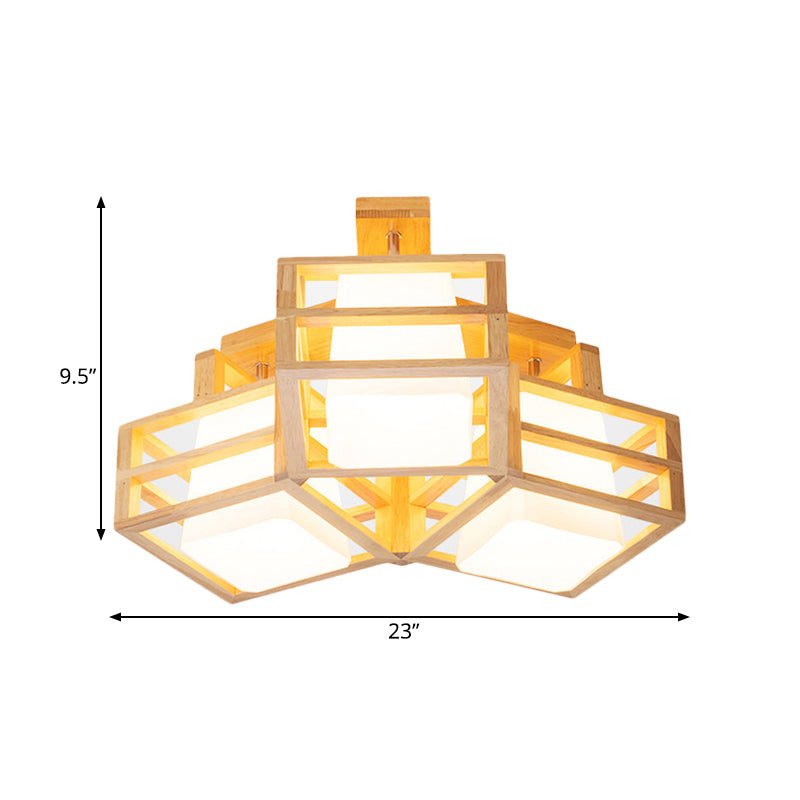 Opaline Matte Glass Cube Ceiling Light Modern 3 Heads Beige Semi Flush Mount Lighting with Wood Cage Guard Clearhalo 'Ceiling Lights' 'Close To Ceiling Lights' 'Close to ceiling' 'Semi-flushmount' Lighting' 1459487