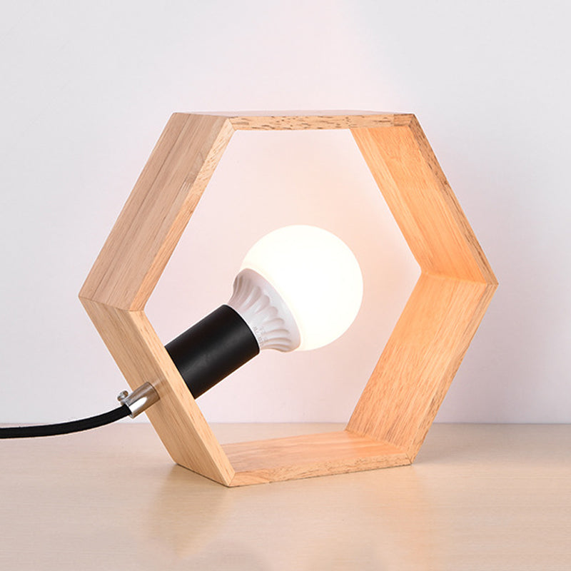 Wooden Hexagon Night Stand Light Minimalist Single Table Lighting with Naked Bulb Design Wood Clearhalo 'Lamps' 'Table Lamps' Lighting' 1459493