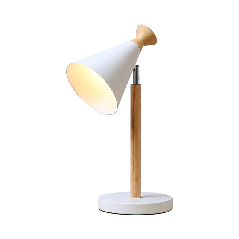 Swivelable Trumpet Shade Table Lighting Nordic Iron 1 Head White Night Stand Light with Wood Stem Clearhalo 'Lamps' 'Table Lamps' Lighting' 1459506