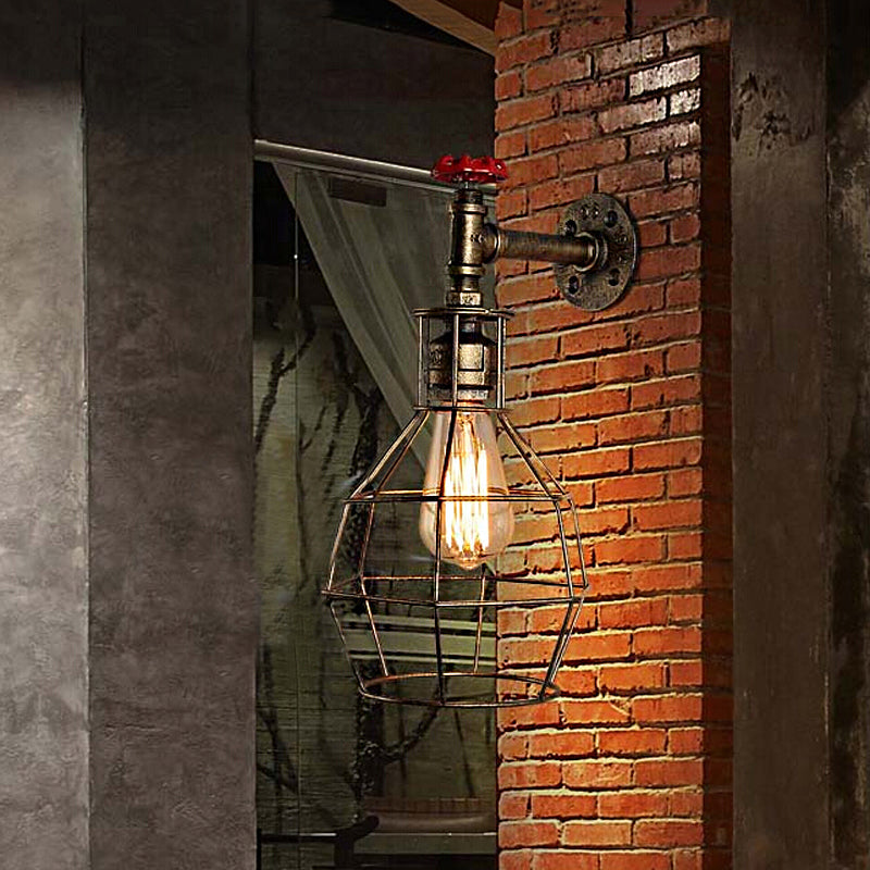 Globe Caged Corridor Wall Light Sconce with Valve Deco Vintage Metal 1 Light Black/Bronze Wall Lamp Bronze Clearhalo 'Art deco wall lights' 'Cast Iron' 'Glass' 'Industrial wall lights' 'Industrial' 'Middle century wall lights' 'Modern' 'Rustic wall lights' 'Tiffany' 'Traditional wall lights' 'Wall Lamps & Sconces' 'Wall Lights' Lighting' 145953