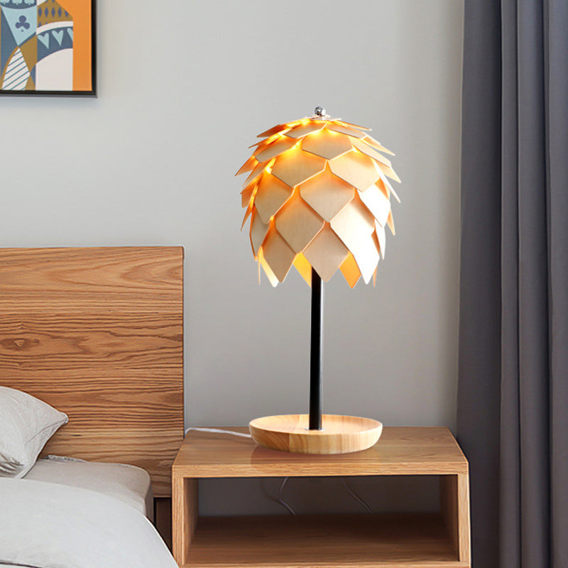 Artichoke Bedroom Table Lamp Wood 1 Bulb Nordic Nightstand Lighting in Beige with Tray Base Clearhalo 'Lamps' 'Table Lamps' Lighting' 1459530