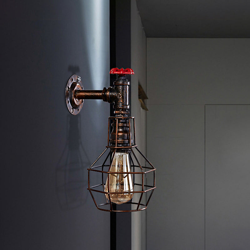 Globe Caged Corridor Wall Light Sconce with Valve Deco Vintage Metal 1 Light Black/Bronze Wall Lamp Weathered Copper Clearhalo 'Art deco wall lights' 'Cast Iron' 'Glass' 'Industrial wall lights' 'Industrial' 'Middle century wall lights' 'Modern' 'Rustic wall lights' 'Tiffany' 'Traditional wall lights' 'Wall Lamps & Sconces' 'Wall Lights' Lighting' 145955