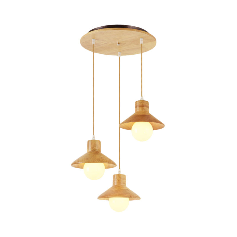 Beige Flare Multiple Hanging Light Nordic 3 Bulbs Natural Wood Ceiling Pendant over Dining Table Clearhalo 'Ceiling Lights' 'Modern Pendants' 'Modern' 'Pendant Lights' 'Pendants' Lighting' 1459550