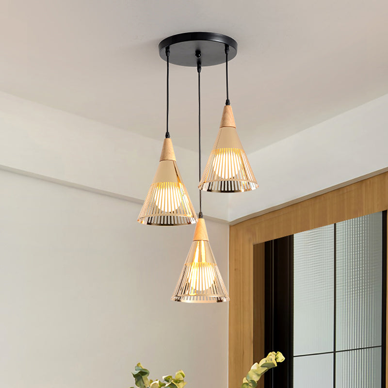 Deep Cone Cage Pendant Lighting Modern Wooden 3-Light Gold Multi Light Ceiling Light Clearhalo 'Ceiling Lights' 'Modern Pendants' 'Modern' 'Pendant Lights' 'Pendants' Lighting' 1459554