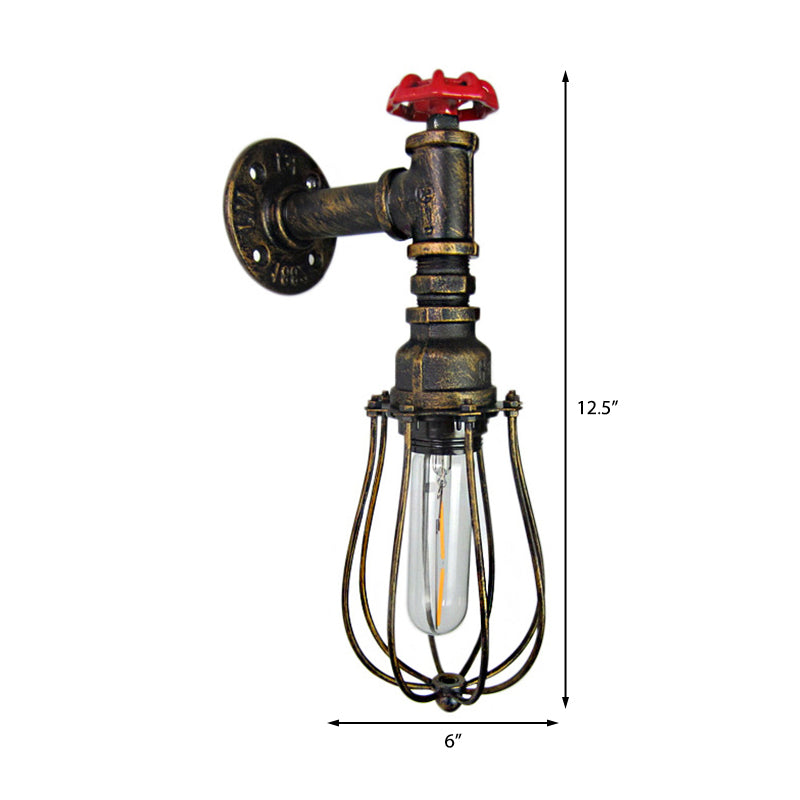 1 Head Bulb Shaped Wall Lamp with Wire Guard and Red Valve Industrial Antique Brass Iron Wall Mount Light Clearhalo 'Art deco wall lights' 'Cast Iron' 'Glass' 'Industrial wall lights' 'Industrial' 'Middle century wall lights' 'Modern' 'Rustic wall lights' 'Tiffany' 'Traditional wall lights' 'Wall Lamps & Sconces' 'Wall Lights' Lighting' 145966