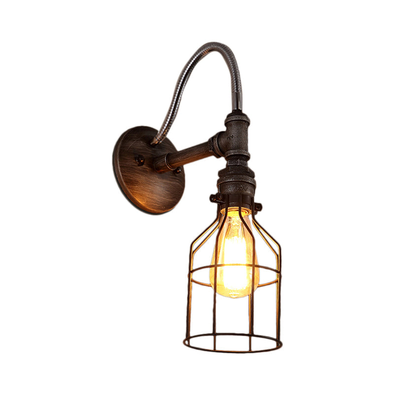 Warehouse Caged Wall Light Fixture with Gooseneck Arm 1 Light Metal Wall Sconce Light in Rust Clearhalo 'Art deco wall lights' 'Cast Iron' 'Glass' 'Industrial wall lights' 'Industrial' 'Middle century wall lights' 'Modern' 'Rustic wall lights' 'Tiffany' 'Traditional wall lights' 'Wall Lamps & Sconces' 'Wall Lights' Lighting' 145979