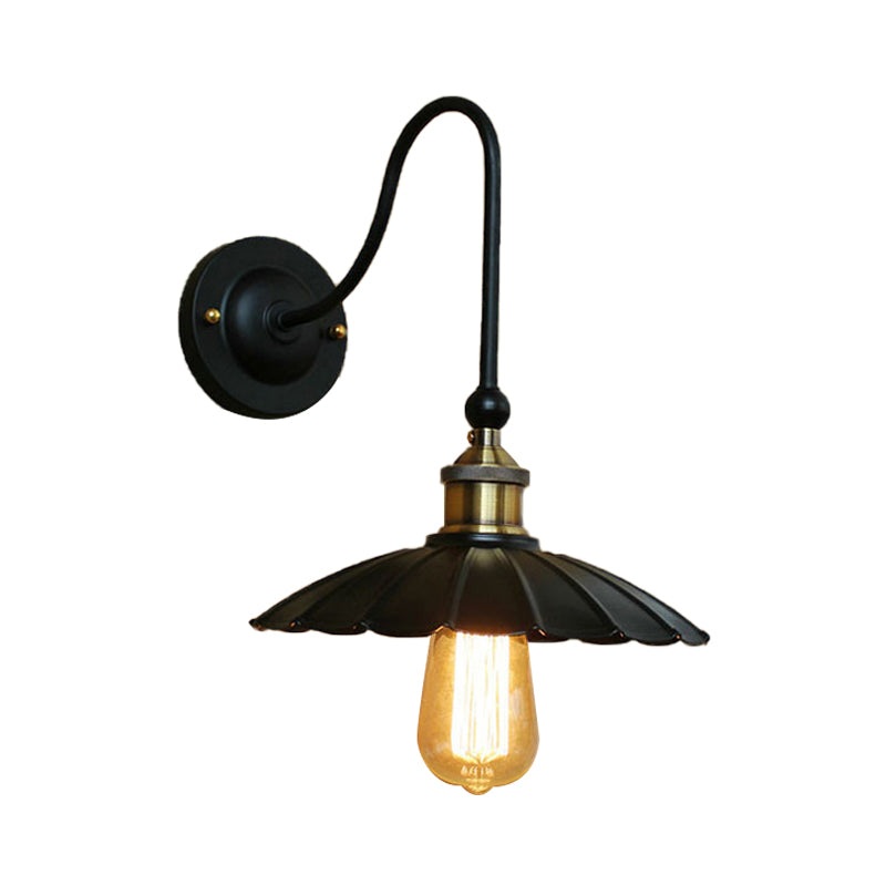 1 Head Scalloped Wall Mount Light Vintage Black Metallic Sconce Light Fixture with Gooseneck Arm Clearhalo 'Art deco wall lights' 'Cast Iron' 'Glass' 'Industrial wall lights' 'Industrial' 'Middle century wall lights' 'Modern' 'Rustic wall lights' 'Tiffany' 'Traditional wall lights' 'Wall Lamps & Sconces' 'Wall Lights' Lighting' 145983