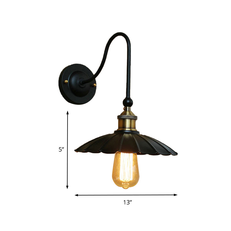 1 Head Scalloped Wall Mount Light Vintage Black Metallic Sconce Light Fixture with Gooseneck Arm Clearhalo 'Art deco wall lights' 'Cast Iron' 'Glass' 'Industrial wall lights' 'Industrial' 'Middle century wall lights' 'Modern' 'Rustic wall lights' 'Tiffany' 'Traditional wall lights' 'Wall Lamps & Sconces' 'Wall Lights' Lighting' 145984