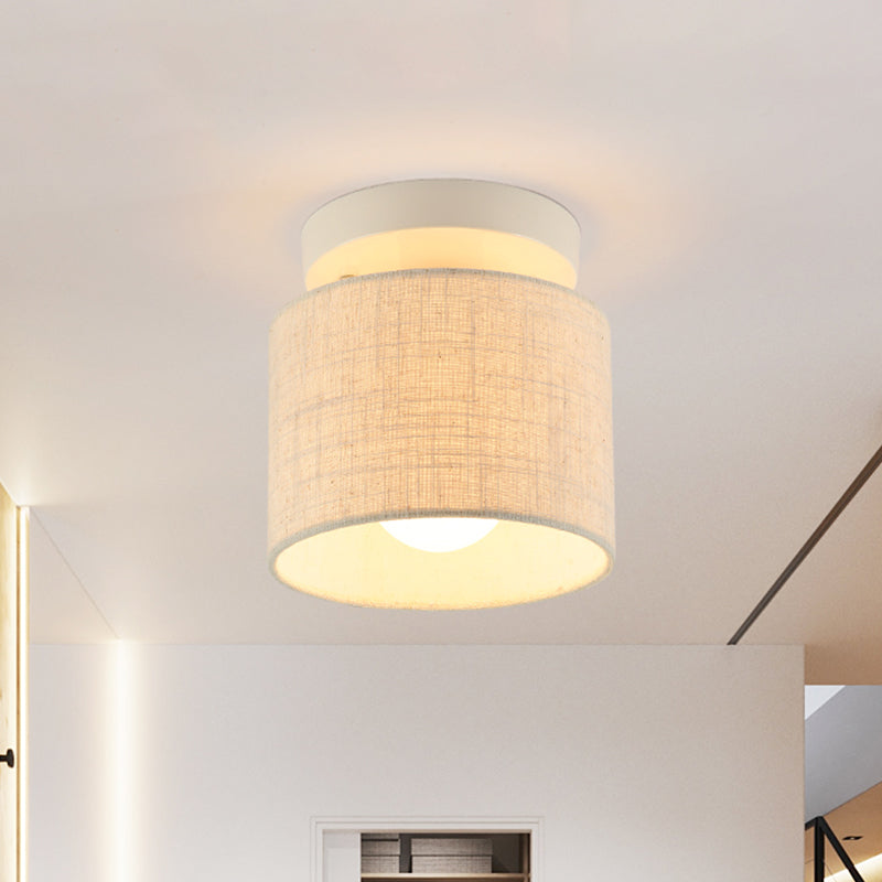 Mini Barrel Semi Mount Lighting Simplicity Fabric 1 Bulb Flaxen/White Ceiling Flush Light for Foyer Clearhalo 'Ceiling Lights' 'Close To Ceiling Lights' 'Close to ceiling' 'Semi-flushmount' Lighting' 1459951