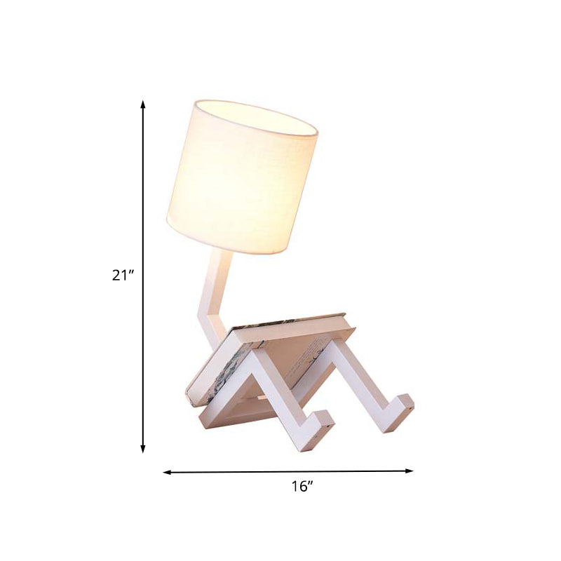 Iron Bot Table Light Nordic Creative 1 Light White Nightstand Lamp with Bookshelf Function and Barrel Fabric Shade Clearhalo 'Lamps' 'Table Lamps' Lighting' 1460030