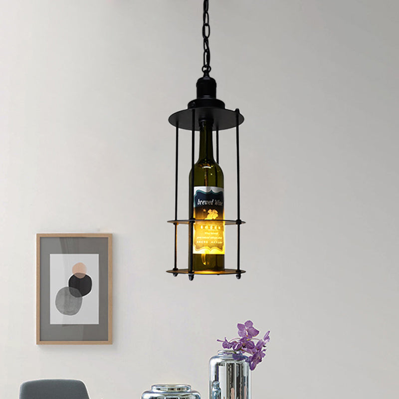 Vintage Wine Bottle Drop Pendant 1 Bulb Black Glass Hanging Lamp in Black with Wire Cage Black Clearhalo 'Ceiling Lights' 'Glass shade' 'Glass' 'Industrial Pendants' 'Industrial' 'Middle Century Pendants' 'Pendant Lights' 'Pendants' 'Tiffany' Lighting' 1460239