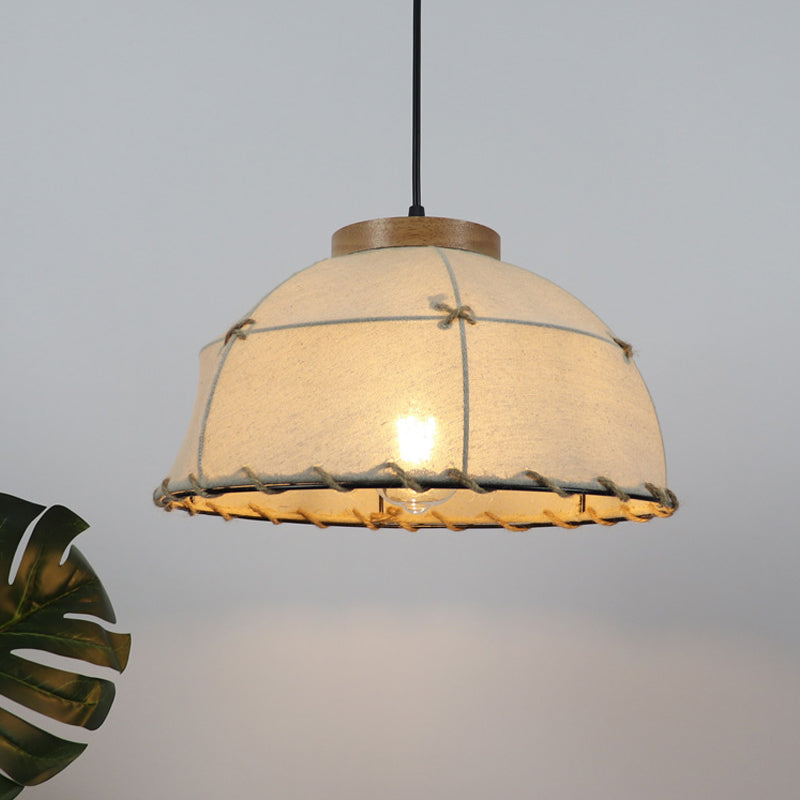 Fabric Beige Ceiling Suspension Lamp Bowl 1 Light Farm Style Pendant Light with Wooden Top, 14