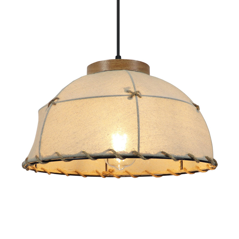 Fabric Beige Ceiling Suspension Lamp Bowl 1 Light Farm Style Pendant Light with Wooden Top, 14