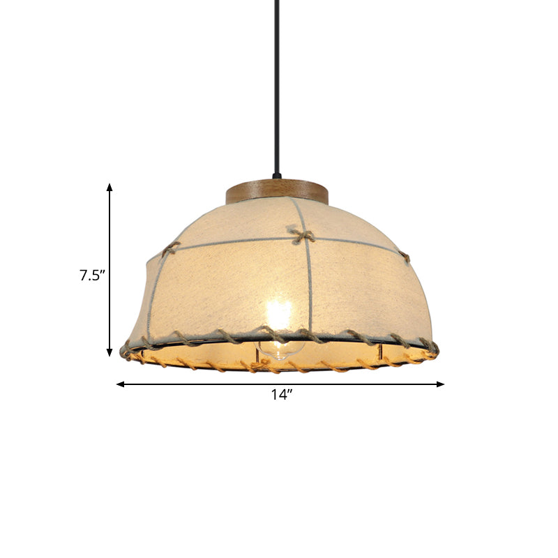 Fabric Beige Ceiling Suspension Lamp Bowl 1 Light Farm Style Pendant Light with Wooden Top, 14