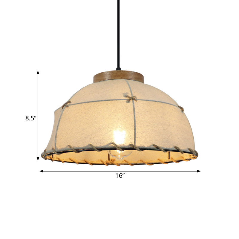 Fabric Beige Ceiling Suspension Lamp Bowl 1 Light Farm Style Pendant Light with Wooden Top, 14