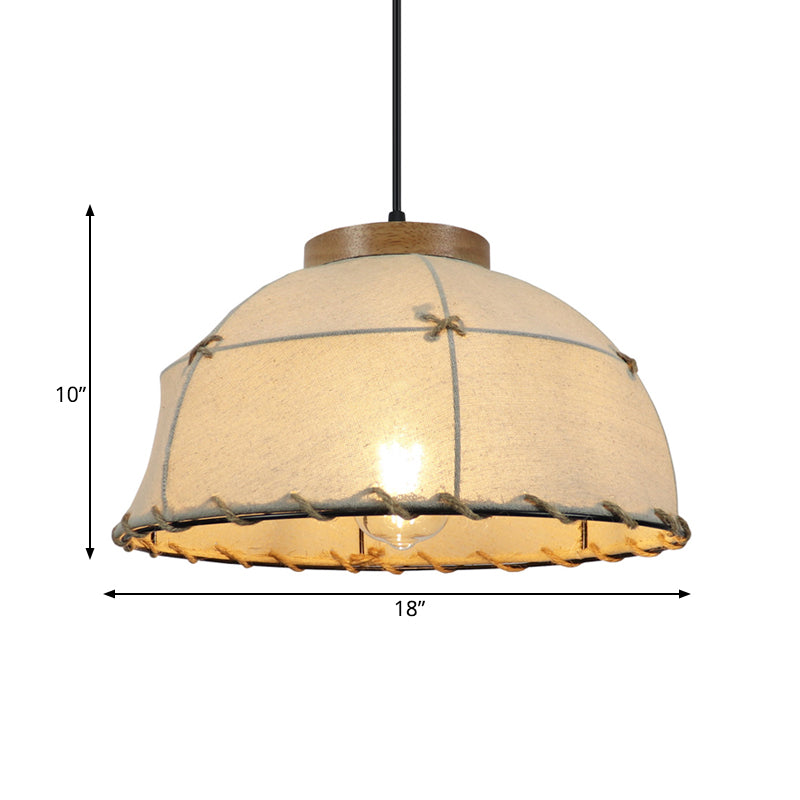 Fabric Beige Ceiling Suspension Lamp Bowl 1 Light Farm Style Pendant Light with Wooden Top, 14