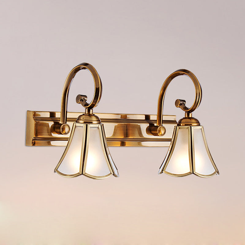 Milk Glass Scalloped Vanity Lamp Colonial Style 1/2/3-Head Bathroom Wall Lighting Fixture in Gold Clearhalo 'Vanity Lights' 'Wall Lights' Lighting' 1460284