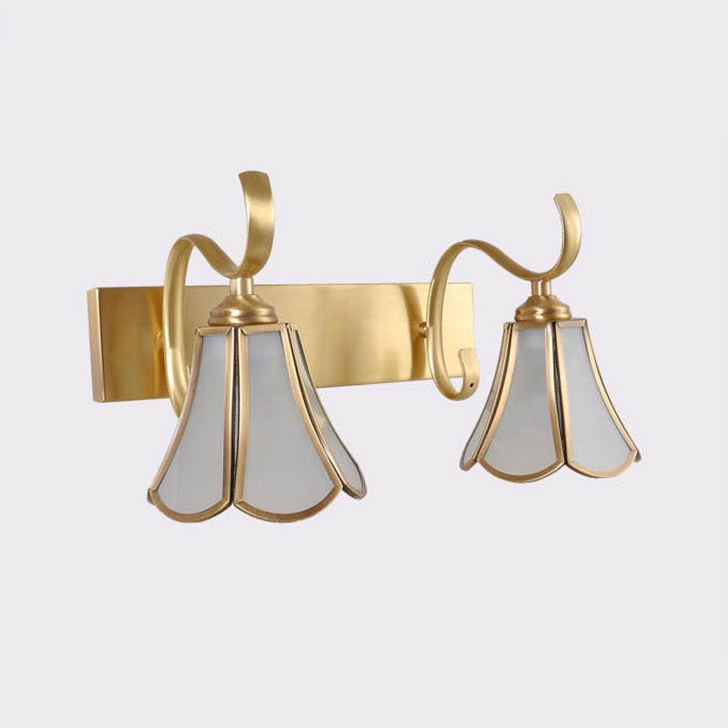 Milky Glass Gold Vanity Lighting Flower 1/2/3-Light Colonial Sconce Light Fixture with Swooping Arm Clearhalo 'Vanity Lights' 'Wall Lights' Lighting' 1460299