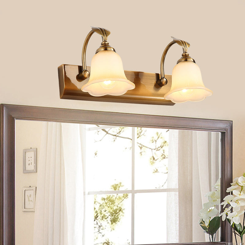 Cream Glass Bloom Bar Light Colonial 1/2/3-Head Bathroom Vanity Lighting Fixture in Gold with Leaf Decor Clearhalo 'Vanity Lights' 'Wall Lights' Lighting' 1460357