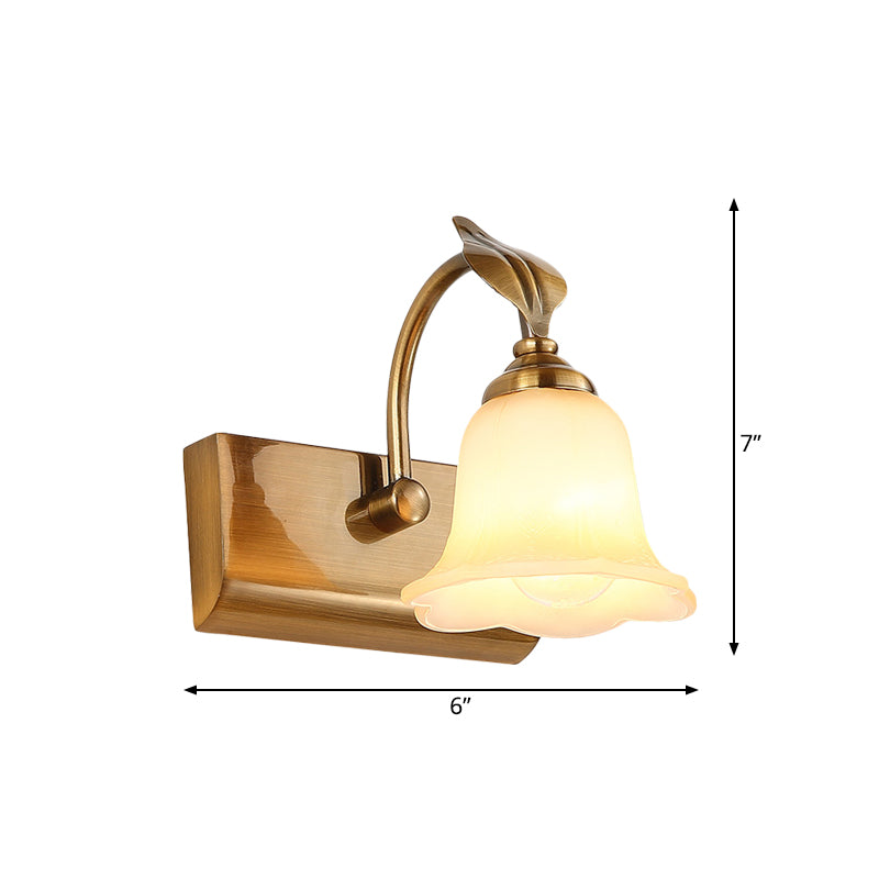 Cream Glass Bloom Bar Light Colonial 1/2/3-Head Bathroom Vanity Lighting Fixture in Gold with Leaf Decor Clearhalo 'Vanity Lights' 'Wall Lights' Lighting' 1460365