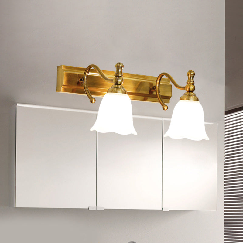 2/3 Heads Wall Vanity Light Colonial Bathroom Wall Lamp with Flower Opal Glass Shade in Gold Clearhalo 'Vanity Lights' 'Wall Lights' Lighting' 1460387