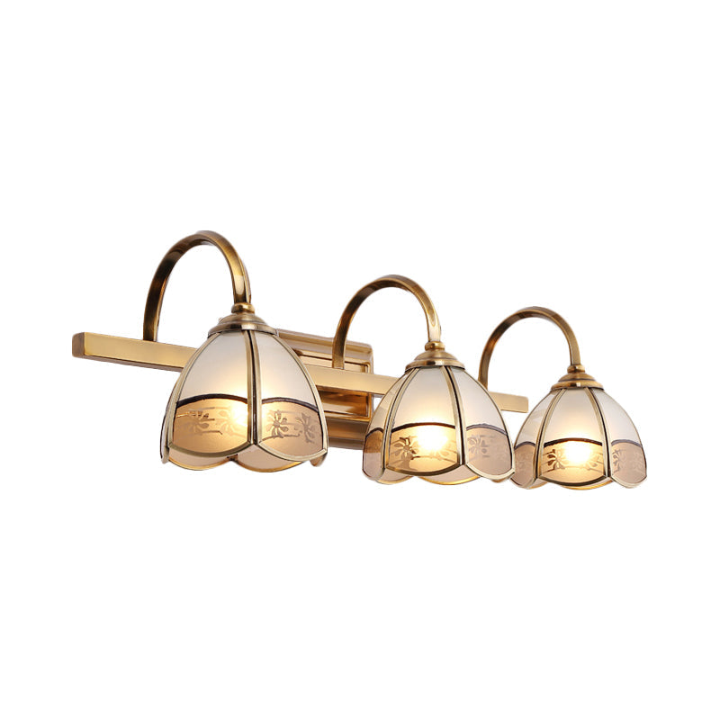 Blossom Bathroom Vanity Light Fixture Luxurious Frosted Glass 2/3 Bulbs Gold Sconce Lamp with Iron Curved Arm Clearhalo 'Vanity Lights' 'Wall Lights' Lighting' 1460398