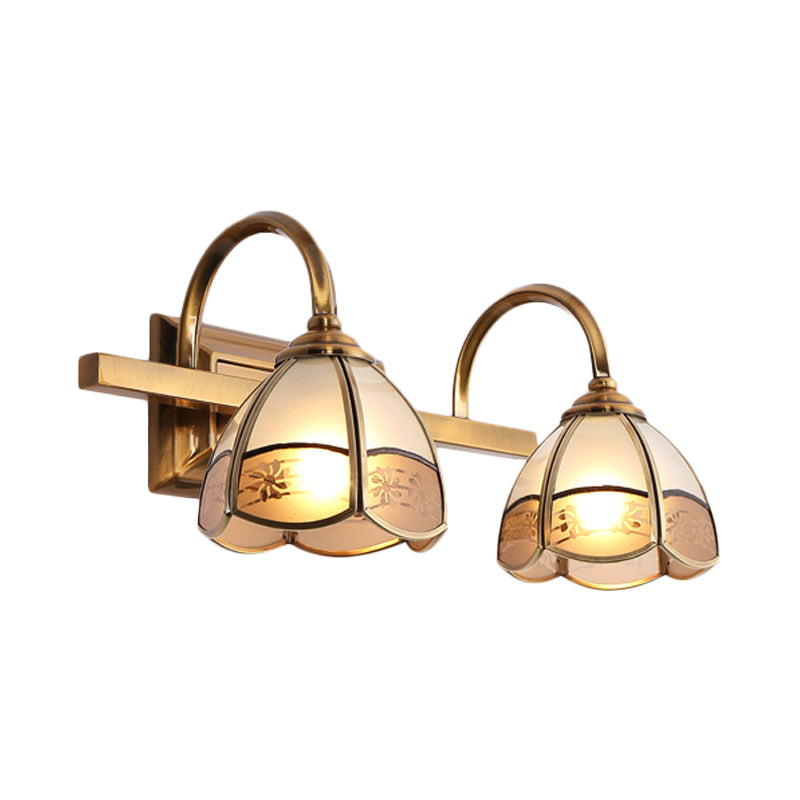 Blossom Bathroom Vanity Light Fixture Luxurious Frosted Glass 2/3 Bulbs Gold Sconce Lamp with Iron Curved Arm Clearhalo 'Vanity Lights' 'Wall Lights' Lighting' 1460404