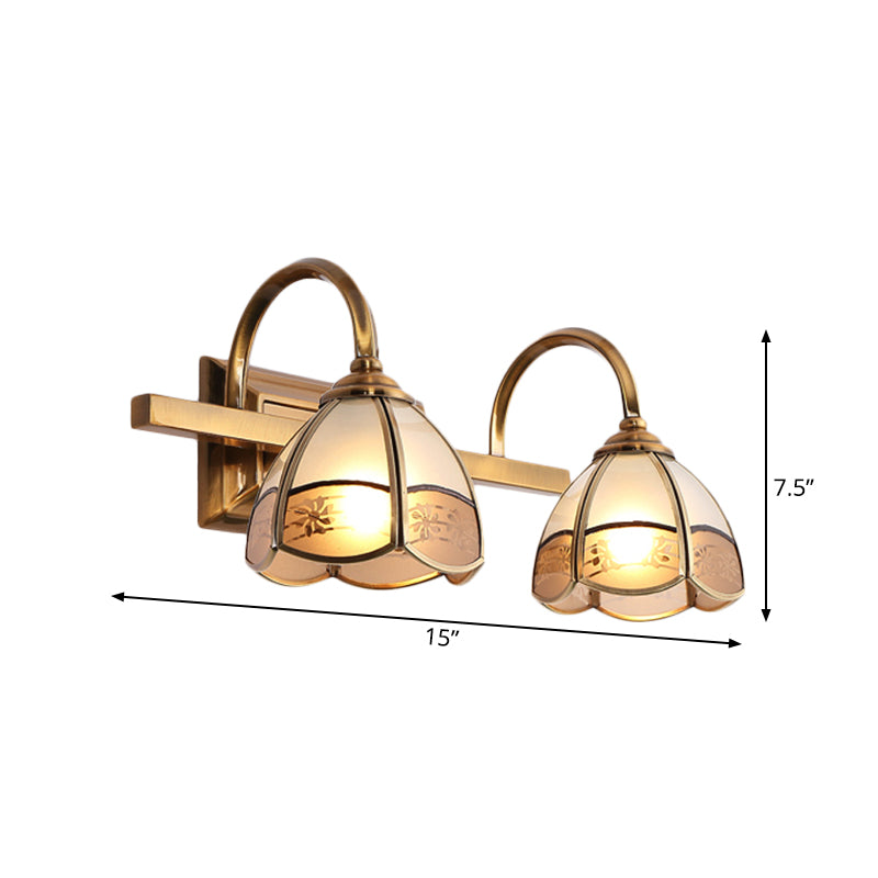 Blossom Bathroom Vanity Light Fixture Luxurious Frosted Glass 2/3 Bulbs Gold Sconce Lamp with Iron Curved Arm Clearhalo 'Vanity Lights' 'Wall Lights' Lighting' 1460405