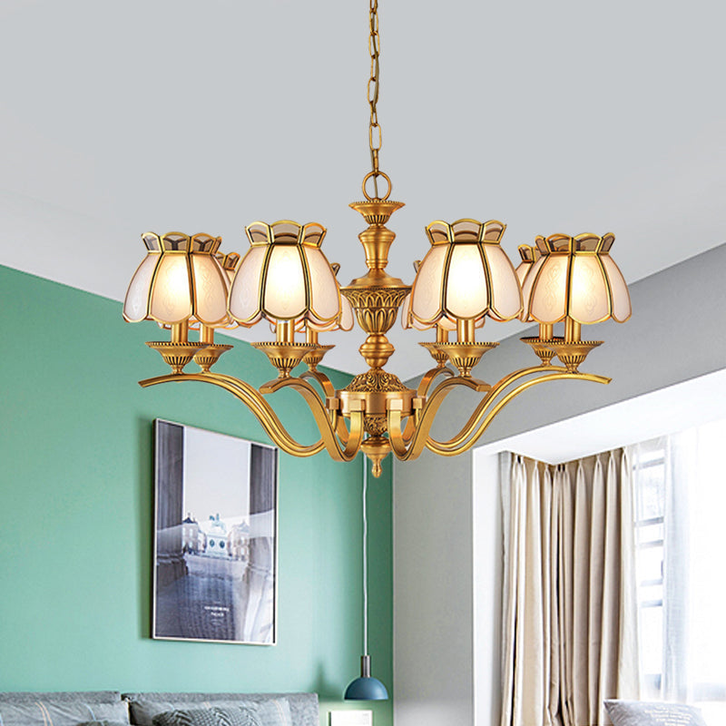 8 Heads Scalloped Pendant Chandelier Colonialist Gold Frosted White Glass Hanging Ceiling Light Clearhalo 'Ceiling Lights' 'Chandeliers' Lighting' options 1460831